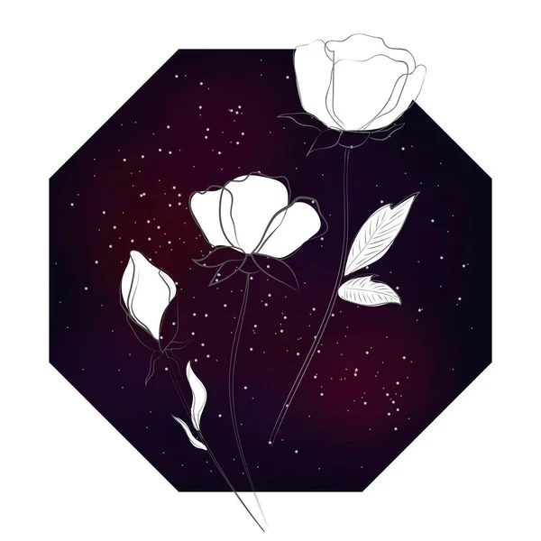 Λουλούδια Και Φύλλα Φόντο Έναστρου Ουρανού Διαστημικό Υπόβαθρο Λεπτό Σχέδιο — Διανυσματικό Αρχείο