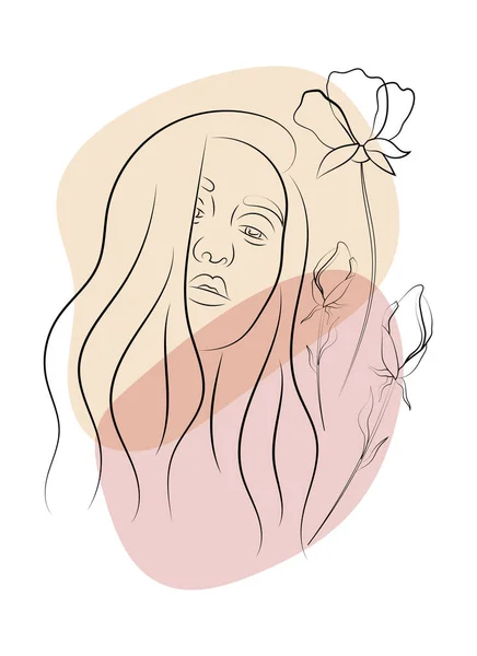 水彩ブロックの背景に美しい少女の顔 ラインアートスタイルの女性の肖像画 若い女性の自由手描き 白い背景に独立したベクターイラスト — ストックベクタ
