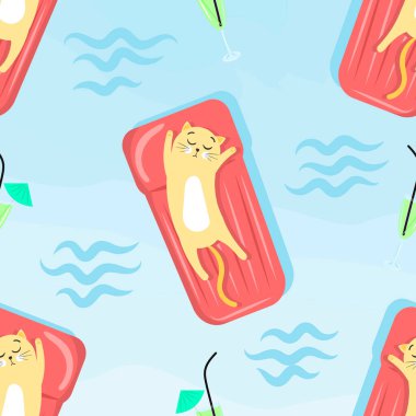 Şirin çizgi film kedisi yüzmek için şişme yatakta havuzda yüzer. Kusursuz desen. Beyaz arkaplanda izole edilmiş vektör illüstrasyonu.