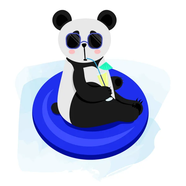 Mignon Panda Dessin Animé Nage Dans Piscine Panda Verres Boit — Image vectorielle