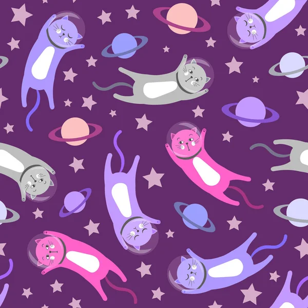 Cartoon Cats Astronauts Cats Fly Planets Stars Space Cats Seamless — Stock Vector