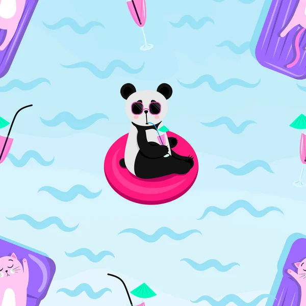 Mignon Chat Dessin Animé Panda Nage Dans Piscine Modèle Sans — Image vectorielle