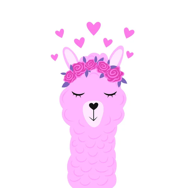 Cute Cartoon Llama Wreath Flowers Her Head Pink Roses Hearts — Stock Vector
