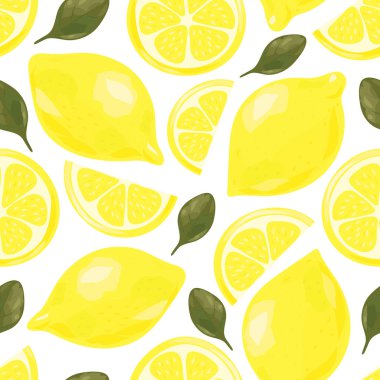 Sulu taze limonlar. Meyve dilimleri. Kusursuz yaz şablonu. Vektör illüstrasyonu beyaz arkaplanda izole edildi.