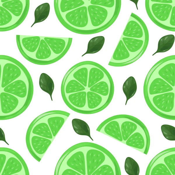 Limas Frescas Jugosas Rebanadas Fruta Patrón Sin Costuras Verano Ilustración — Vector de stock