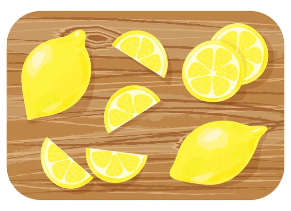 Juicy Fresh Lemons Sliced Fruit Wooden Board Vector Illustration Isolated — Stock Vector