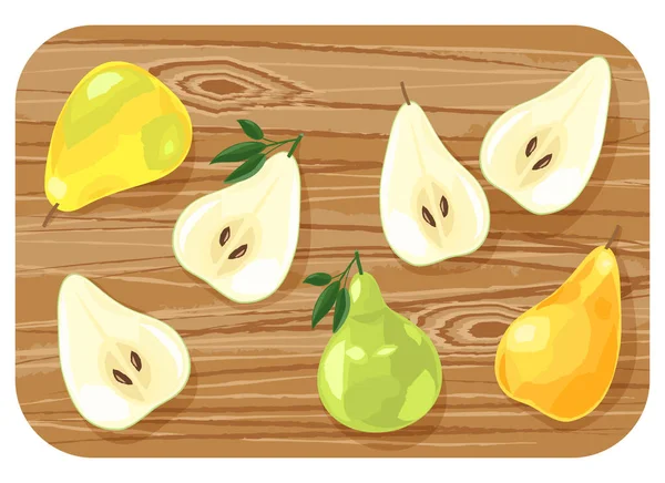 Peras Frescas Jugosas Fruta Rodajas Una Tabla Madera Ilustración Vectorial — Vector de stock