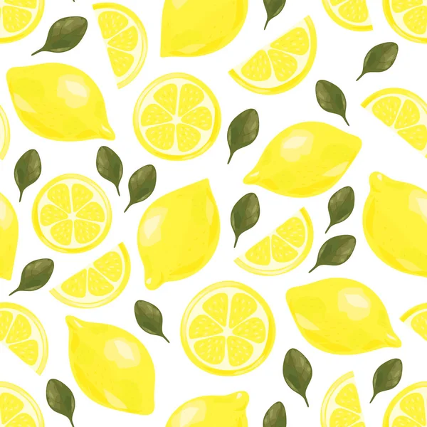 Limones Frescos Jugosos Rebanadas Fruta Patrón Sin Costuras Verano Ilustración — Vector de stock