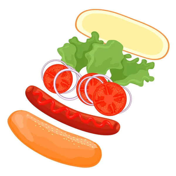 Ingrédients Pour Faire Hot Dog Laitue Tomates Oignons Petits Pains — Image vectorielle