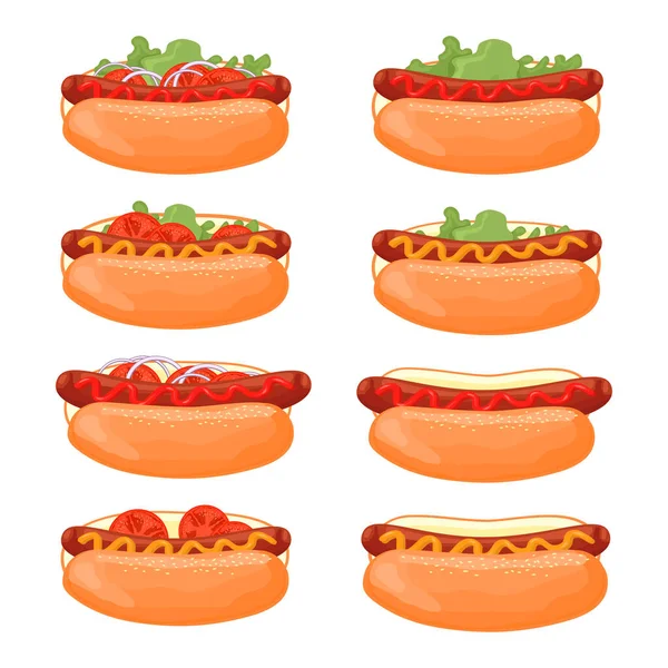 Hot Dog Hot Dogs Avec Diverses Garnitures Laitue Tomates Oignons — Image vectorielle