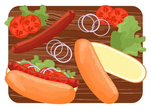 Hot Dog Sur Une Planche Découper Bois Ingrédients Pour Faire — Image vectorielle