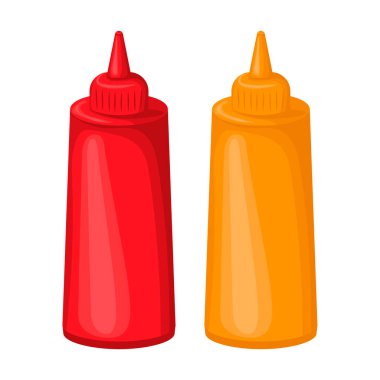 Fast food için soslu şişeler. Ketçap ve hardal. Vektör illüstrasyonu beyaz arkaplanda izole edildi.
