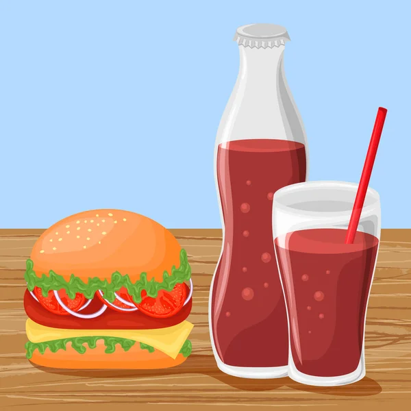 Hamburger Soft Drink Bottle Glass Fast Food Food Wooden Background — Stock Vector