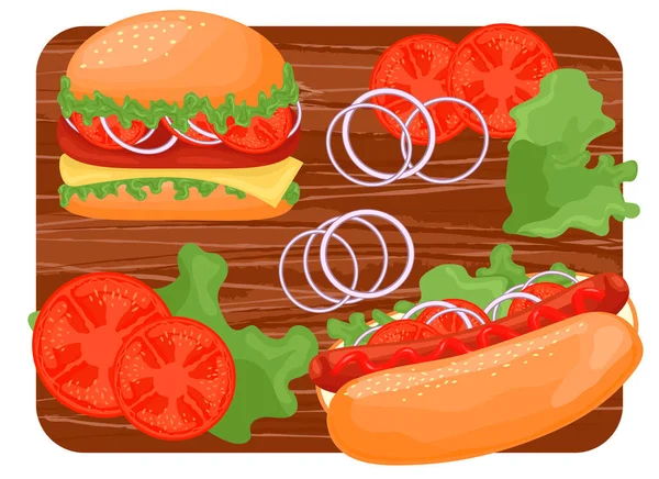 Hot Dog Hamburger Sur Une Planche Découper Bois Ingrédients Pour — Image vectorielle