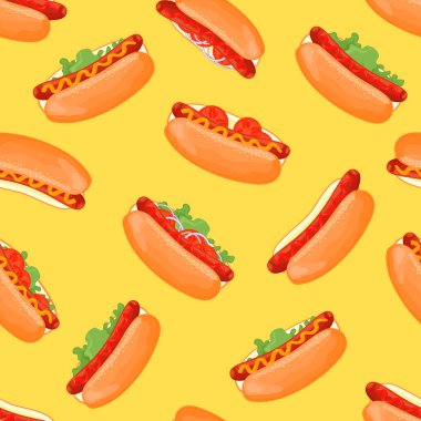 Sosisli sandviç. Fast food. Kusursuz desen. Sarı arkaplanda izole edilmiş vektör illüstrasyonu.