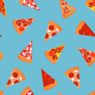 Dilimlenmiş pizza. Fast food. Kusursuz desen. Mavi arkaplanda izole edilmiş vektör illüstrasyonu.