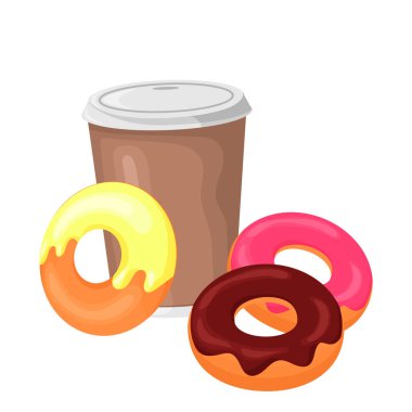 Fast food. Bir fincan kahve ve kremanın içinde üç çörek. Sıcak içecek ve tatlılar. Beyaz arkaplanda izole edilmiş vektör illüstrasyonu.