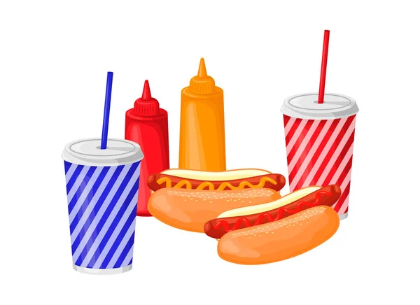 Rychlé Občerstvení Sada Dvou Hot Dogů Dvě Sklenice Limonády Kečupu — Stockový vektor