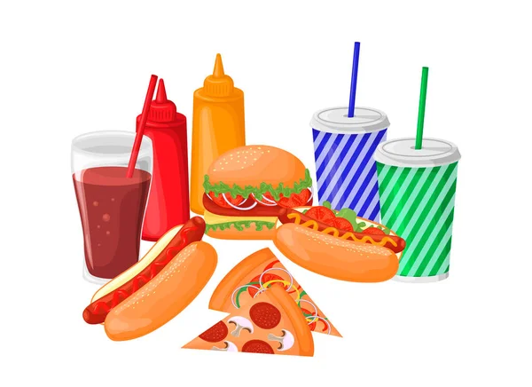 Rychlé Občerstvení Sada Hamburgerů Hot Dogů Dva Plátky Pizzy Dvě — Stockový vektor