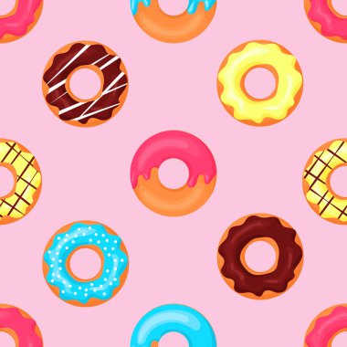 Renkli çizgi film çörekleri. Kusursuz desen. Pembe arkaplanda izole edilmiş vektör illüstrasyonu.