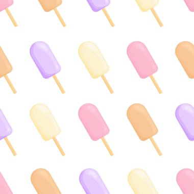 Renkli çizgi film dondurması. Kusursuz desen. Beyaz arkaplanda izole edilmiş vektör illüstrasyonu.