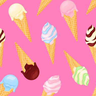 Renkli çizgi film dondurması. Kusursuz desen. Pembe arkaplanda izole edilmiş vektör illüstrasyonu.