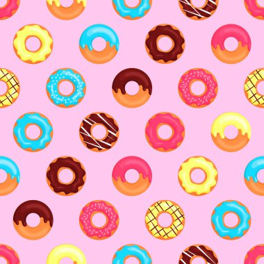 Renkli çizgi film çörekleri. Kusursuz desen. Pembe arkaplanda izole edilmiş vektör illüstrasyonu.