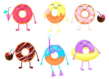 Farklı çizgi filmlerdeki çörekler. Donut kokteyl içer, dondurma yer ve yüzer. Vektör illüstrasyonu beyaz arkaplanda izole edildi.