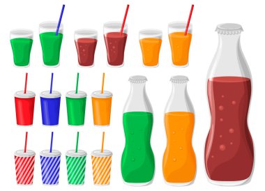 Soda seti. Şişede ve bardakta çeşitli soğuk içecekler. Vektör illüstrasyonu beyaz arkaplanda izole edildi.