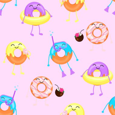 Çizgi film çörekleri. Kusursuz desen. Pembe arkaplanda izole edilmiş vektör illüstrasyonu.