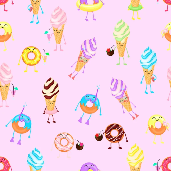 卡通甜甜圈和冰淇淋 无缝图案 在粉红色背景上孤立的向量图 — 图库矢量图片