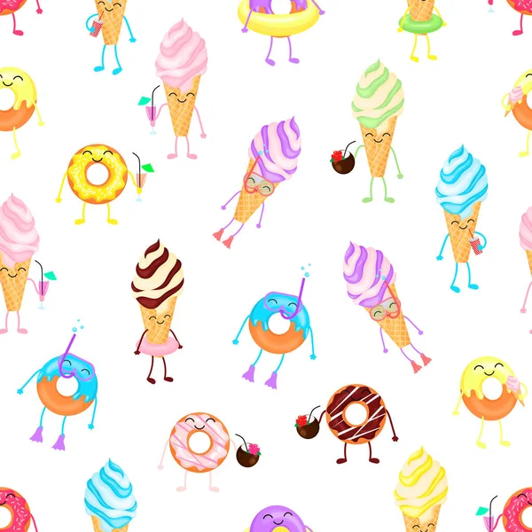 卡通甜甜圈和冰淇淋 无缝图案 在白色背景上孤立的向量图 — 图库矢量图片