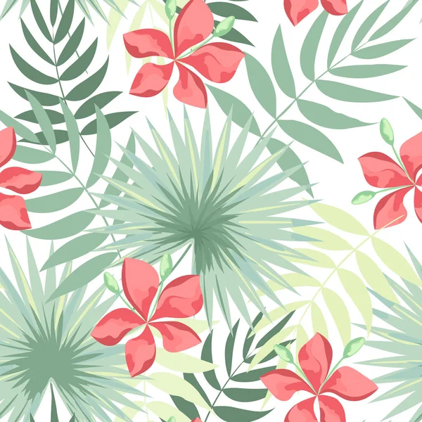 Hojas Tropicales Flores Delicado Patrón Sin Costuras Ilustración Vectorial Aislada — Vector de stock