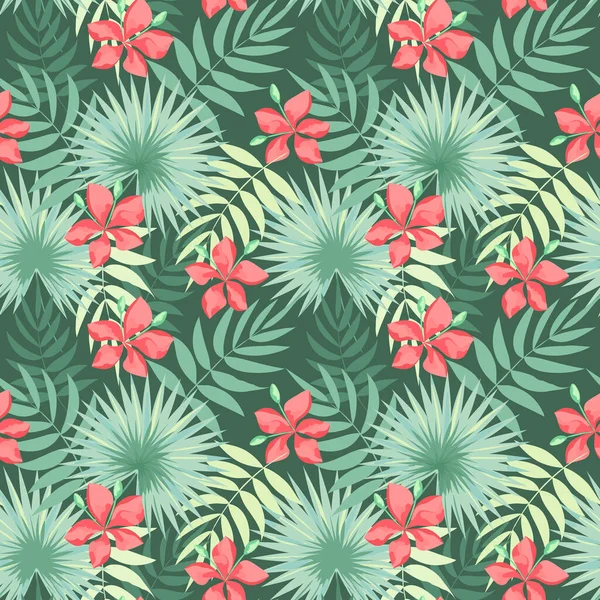 Feuilles Fleurs Tropicales Délicat Motif Sans Couture Illustration Vectorielle Isolée — Image vectorielle