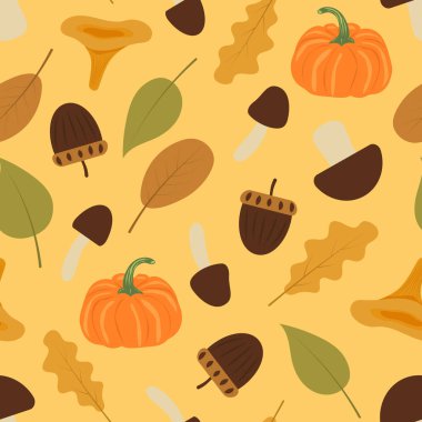 Sonbahar yaprakları, mantarlar, fındıklar ve balkabakları. Kusursuz desen. Düz vektör çizimi turuncu arkaplanda izole edildi.