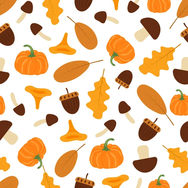 Autumn Leaves Mushrooms Nuts Pumpkins Seamless Pattern Flat Vector Illustration — Stock Vector