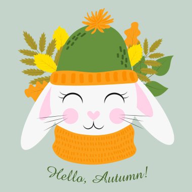 Sonbahar yapraklarının arka planında şapka ve eşarp takmış şirin çizgi film tavşanı. Merhaba, Autumn! Düz vektör çizimi mavi arkaplanda izole edildi.
