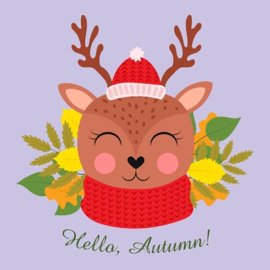 Sonbahar yapraklarının arka planında şapkalı ve eşarplı şirin çizgi film geyiği. Merhaba, Autumn! Düz vektör çizimi mavi arkaplanda izole edildi.