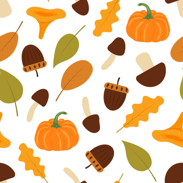 Autumn leaves, mushrooms, nuts and pumpkins. Seamless pattern. Flat vector illustration isolated on white background.