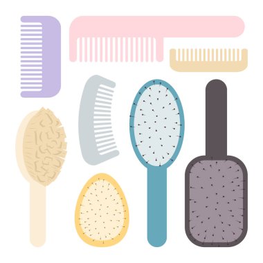 Saç için tarak seti. Masaj tarağı, saç fırçası, saç tarağı. Sevimli çizgi film ikonları. Vektör illüstrasyonu beyaz arkaplanda izole edildi.