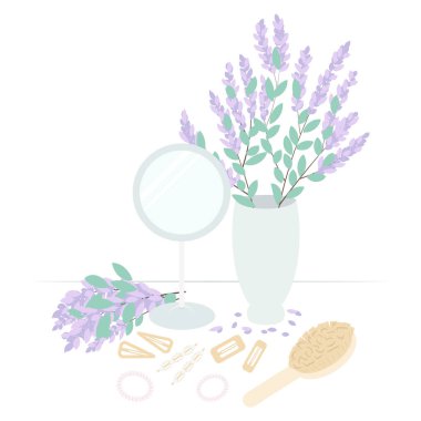 Saç stili için aksesuar seti. Tarak, saç tokası, saç tokası, ayna, vazo dolusu çiçek. Güzel karikatür çizimi. Vektör illüstrasyonu beyaz arkaplanda izole edildi.