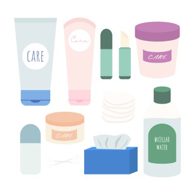Cilt bakım ürünleri. Yüz kremi, el kremi, vücut kremi, deniz suyu, hijyenik ruj, deodorant, pamuk bezi, kağıt peçete. Ayrı simgeler.
