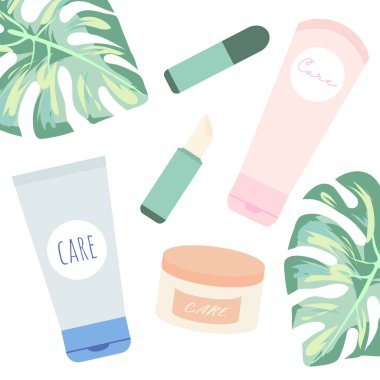 Cilt bakım ürünleri. Yüz kremi, el kremi, vücut kremi, hijyen ruj. İzole vektör simgeleri.