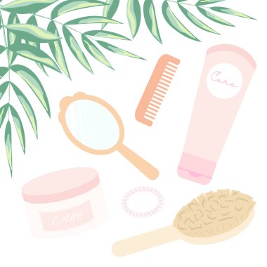 Deri ve saç bakım ürünleri. Yüz kremi, el kremi, tarak, fırça, ayna. İzole vektör simgeleri.