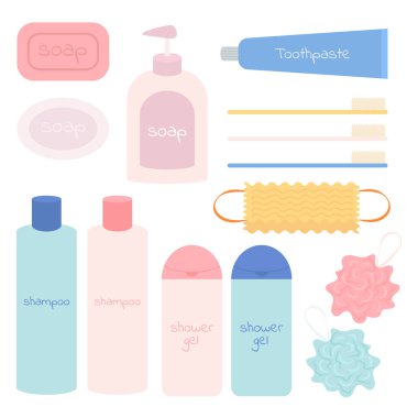 Banyo aksesuarları. Kişisel hijyen ürünleri. Sabun, diş fırçası, diş macunu, duş jeli, şampuan, banyo süngeri. Vektör simgeleri. Düz illüstrasyon beyaz arkaplanda izole edildi.