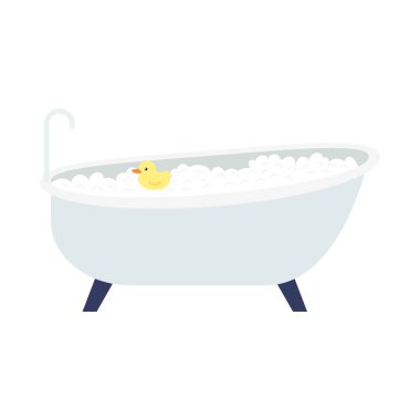 Köpük banyosu. Banyo ördeği. Düz çizgi film çizimi beyaz arka planda izole edildi. Köpük banyosu. Banyo ördeği. Düz çizgi film vektör çizimi beyaz arkaplanda izole edildi.