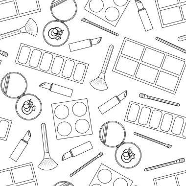 Makyaj. Kusursuz desen. Makyaj seti. Ruj, göz farı, allık, dudak izi, öpücük, kumaş parçası. Çizgi çalışması. Düz vektör çizimi beyaz arkaplanda izole edildi.