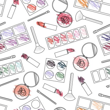Makyaj. Kusursuz desen. Makyaj seti. Ruj, göz farı, allık, dudak izi, öpücük, kumaş parçası. Çizgi çalışması. Düz vektör çizimi beyaz arkaplanda izole edildi.
