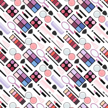 Makyaj. Kusursuz desen. Makyaj seti. Ruj, göz farı, allık, dudak izi, öpücük, kumaş parçası. Düz vektör çizimi beyaz arkaplanda izole edildi.