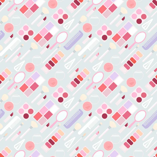 Makeup. Seamless pattern. Makeup kit. Lipstick, eye shadow, blush, lip print, kisses, swatch. Flat vector illustration isolated on light blue background.